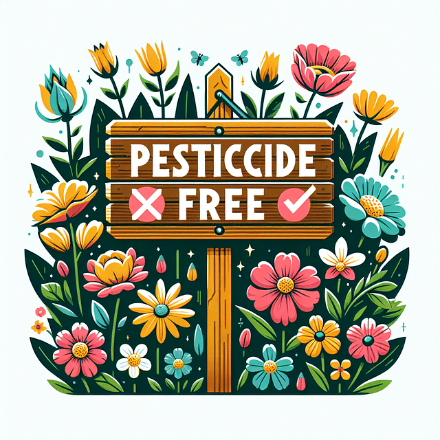 pesticide-free garden sign amidst flowers