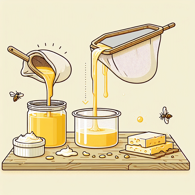 filtering melted beeswax through cheesecloth