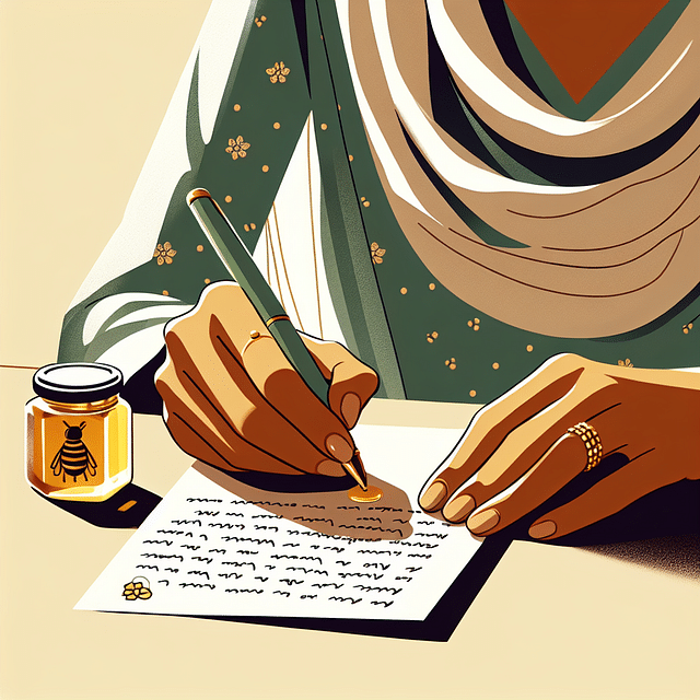 hand writing sensory observations on a note card next to a honey jar