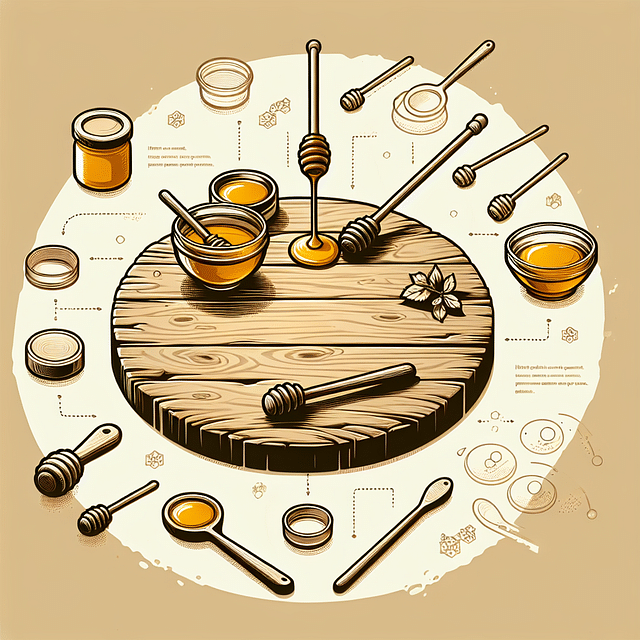 honey dippers and tasting spoons on a table