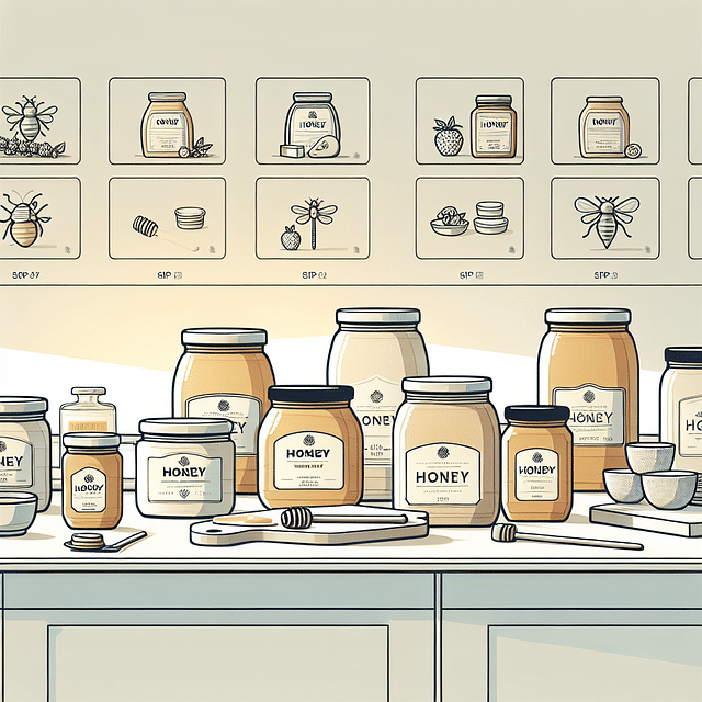 assorted honey jars with various floral sources on a wooden table