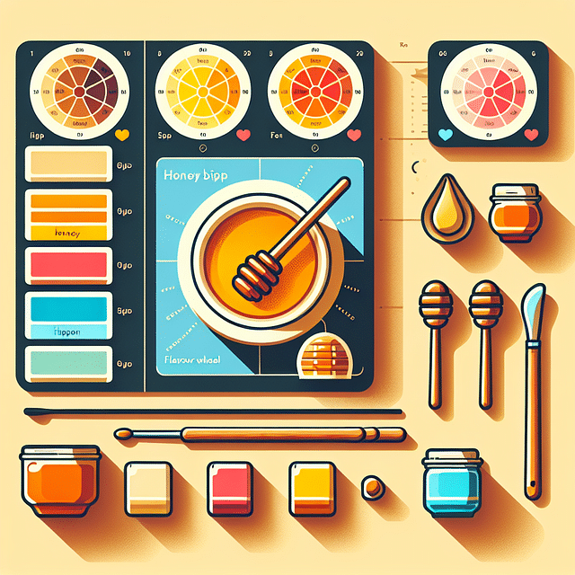 honey dippers and spoons arranged next to flavor wheel cards