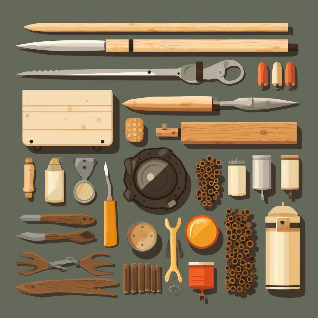 Materials and tools laid out for crafting a bee smoker