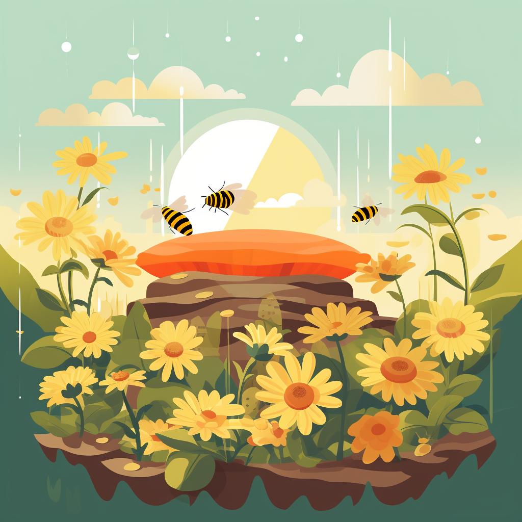 A bee hive placed in a sunny, flower-filled location