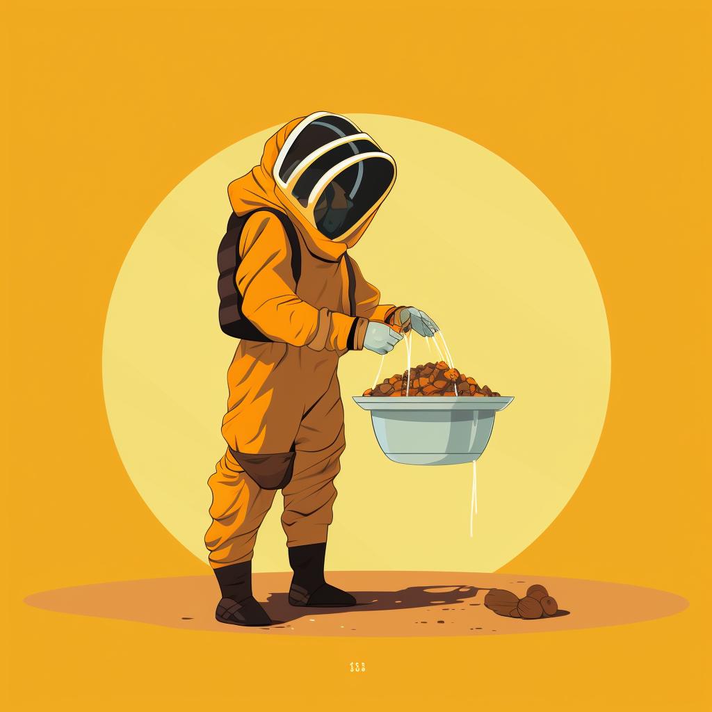 A beekeeper wearing a full bee suit and gloves