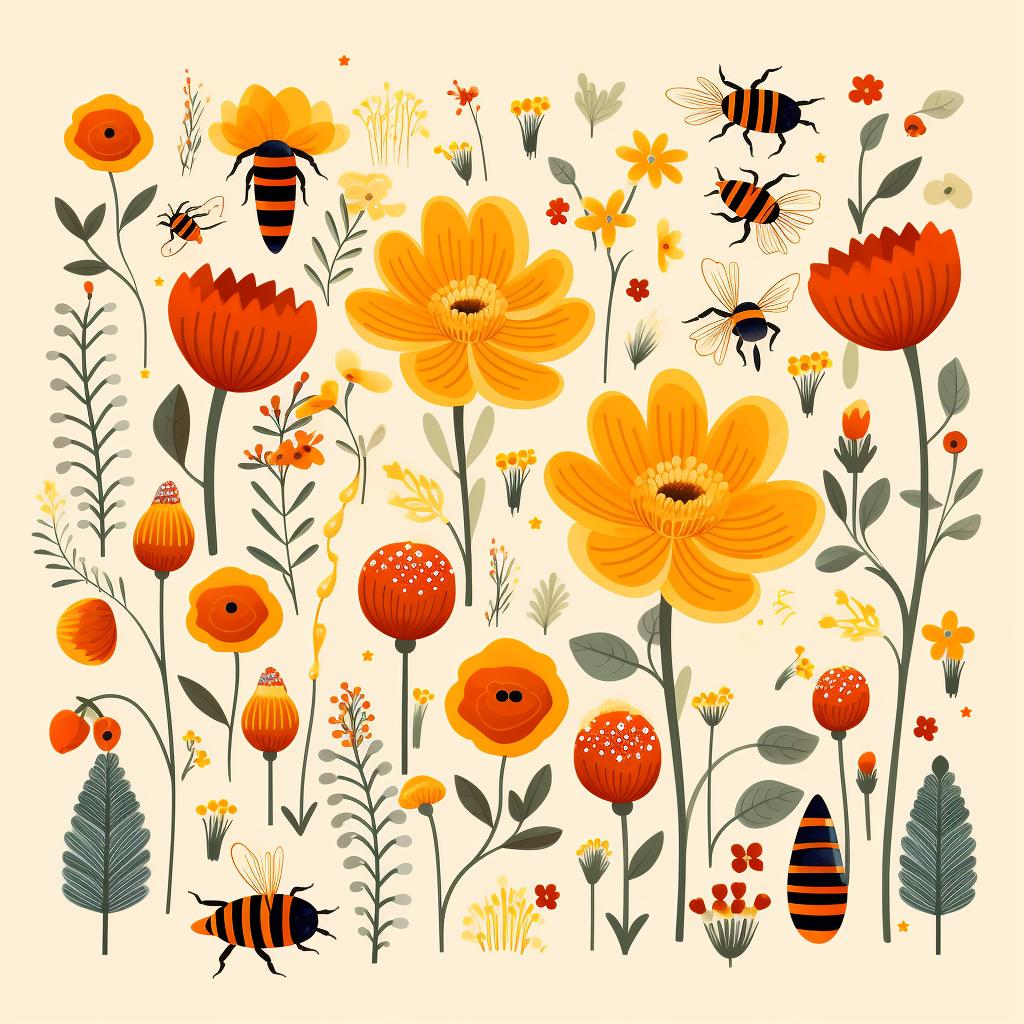 Bees buzzing around a diverse flower garden