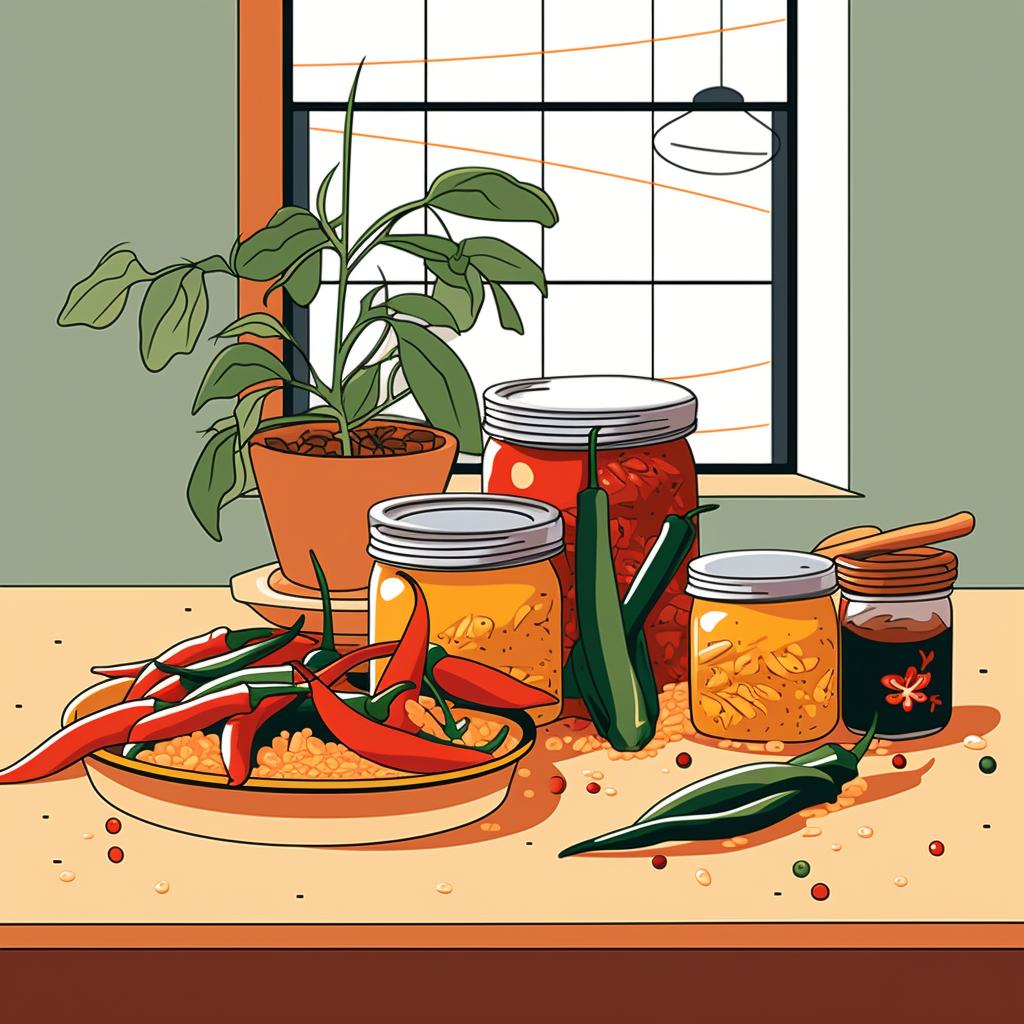 A pot of honey and a bunch of chilli peppers on a kitchen counter